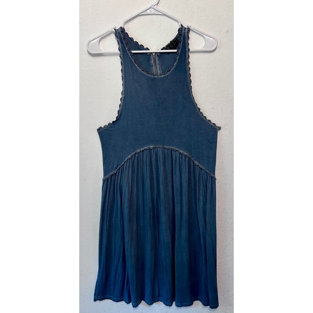 POL Blue Crochet Lace Trim Sleeveless Mini Dress Racerback Boho RCD79 Womens M